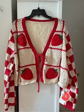 NWT Cider Red and Cream Strawberry Crochet Cardigan